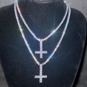 Iced Out Upside Down Cross Pendant Necklace Hip Hop Tennis Chain